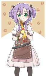 Rule 34 | 1girl, aoi id, apron, black pantyhose, brown apron, brown background, commentary, dress, green eyes, grin, hair between eyes, highres, looking at viewer, pantyhose, puffy short sleeves, puffy sleeves, purple hair, ravi narendra, rubber chicken, rutorifuki, short sleeves, smile, solo, two-tone background, two side up, virtual youtuber, white background, white dress