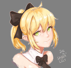 Rule 34 | 10s, 1girl, 2016, ahoge, artoria pendragon (all), artoria pendragon (fate), barefoot, black bow, black bowtie, blonde hair, bow, bowtie, character name, chopark, dated, detached collar, fate/grand order, fate/stay night, fate/unlimited codes, fate (series), green eyes, grey background, hair between eyes, hair bow, highres, looking at viewer, portrait, saber (fate), saber lily, short ponytail, sidelocks, smile, solo