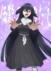 Rule 34 | 1girl, akashingo (rotampel), bad id, bad pixiv id, bandages, black hair, character name, dress, highres, long dress, long hair, open mouth, outstretched arms, purple background, red eyes, solo, star (symbol), starry background, very long hair, yamada tae, zombie land saga, zombie pose