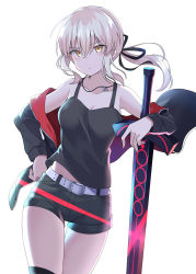 Rule 34 | 100, 100percent park, 1girl, artoria pendragon (all), artoria pendragon (fate), bare shoulders, black camisole, black jacket, black ribbon, black shorts, black tank top, blonde hair, camisole, commentary request, cross, cross necklace, dark persona, excalibur morgan (fate), fast food, fate/grand order, fate (series), hair between eyes, hand on own hip, highres, jacket, jewelry, kneehighs, looking at viewer, low ponytail, necklace, off shoulder, official alternate costume, ribbon, saber alter, saber alter (ver. shinjuku 1999) (fate), shirt, short shorts, shorts, sidelocks, sleeveless, sleeveless shirt, socks, standing, tank top, thighs, yellow eyes