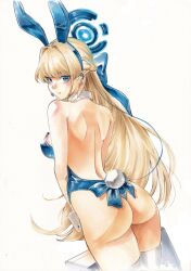Rule 34 | 1girl, animal ears, ass, blonde hair, blue archive, blue eyes, blue halo, blue leotard, breasts, detached collar, fake animal ears, halo, highres, huge ass, leotard, long hair, looking at viewer, medium breasts, playboy bunny, rabbit ears, rodrigo yoshimiya, solo, strapless, strapless leotard, thighhighs, toki (blue archive), white thighhighs