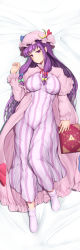 Rule 34 | 1girl, absurdres, book, breasts, crescent, crescent hat ornament, dakimakura (medium), dress, hat, hat ornament, highres, impossible clothes, large breasts, long hair, lying, mob cap, no shoes, ocza, on back, patchouli knowledge, pink socks, purple eyes, purple hair, socks, solo, striped clothes, striped dress, touhou