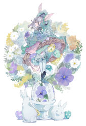 Rule 34 | 1girl, absurdres, animal ears, animal print, aqua dress, aqua headwear, bird, black footwear, bloomers, blue eyes, bonnet, butterfly print, commentary, daisy, dress, easter, easter egg, egg, egg cup, floral print, flower, full body, grey hair, high heels, highres, holding, holding egg, hoop skirt, hoshi rousoku, lavender (flower), looking at viewer, looking back, original, oversized food, oversized object, pantyhose, rabbit, rabbit ears, short hair, sidelocks, simple background, solo, standing on object, tagme, underwear, white background, white bird, white flower, white pantyhose