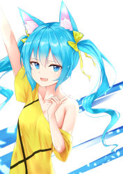 Rule 34 | 1girl, :d, alternate costume, animal ears, arm up, blonde hair, blouse, blue eyes, blue hair, bow, breasts, cat ears, cat girl, cleavage, cola, collarbone, hair between eyes, hair bow, hatsune miku, highres, index finger raised, long hair, looking at viewer, mojomaru, off shoulder, open mouth, shirt, small breasts, smile, solo, sparkle, standing, twintails, upper body, vocaloid, washing back, yellow bow, yellow shirt
