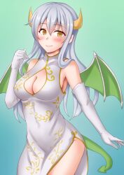 Rule 34 | 1girl, anti (untea9), blush, breasts, brown eyes, china dress, chinese clothes, cleavage, cleavage cutout, clothing cutout, cowboy shot, dragon girl, dragon horns, dragon tail, dragon wings, dress, elbow gloves, gloves, green background, highres, horns, kantai collection, long hair, looking at viewer, medium breasts, scales, shoukaku (kancolle), smile, solo, tail, white dress, white hair, wings