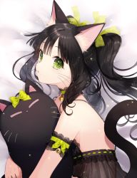 Rule 34 | 1girl, :o, animal ears, arm garter, bare shoulders, bed sheet, bell, black hair, bow, cat day, cat ears, cat girl, cat tail, choker, collar, green bow, green eyes, green ribbon, hair ribbon, highres, jingle bell, long hair, looking at viewer, lying, mole, mole under mouth, momoshiki tsubaki, neck bell, hugging object, on side, original, ribbon, ribbon trim, see-through, sidelocks, slit pupils, solo, stuffed animal, stuffed cat, stuffed toy, tail, twintails, upper body, whiskers