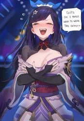 Rule 34 | 1girl, breasts, bridal gauntlets, cleavage, closed eyes, commission, embarrassed, english text, genshin impact, hair ornament, highres, hood (james x), japanese clothes, kimono, large breasts, long hair, long sleeves, mole, mole under eye, obi, off shoulder, open mouth, pixiv commission, purple hair, purple kimono, raiden shogun, sash, shrug (clothing), tearing up, very long hair, virtual youtuber, wide sleeves