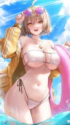Rule 34 | 1girl, absurdres, adjusting eyewear, ahoge, ame 816, anis (nikke), anis (sparkling summer) (nikke), arm up, armpits, bare shoulders, bikini, breasts, brown hair, cleavage, cowboy shot, day, eyepatch bikini, eyewear on head, goddess of victory: nikke, hand on eyewear, hand up, highleg, highleg bikini, highres, innertube, jacket, jewelry, large breasts, long sleeves, looking at viewer, navel, necklace, off shoulder, official alternate costume, open clothes, open jacket, open mouth, outdoors, short hair, side-tie bikini bottom, skindentation, smile, solo, standing, stomach, string bikini, sunglasses, swim ring, swimsuit, thighs, tinted eyewear, wading, water, wet, white bikini, yellow eyes, yellow jacket