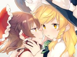 Rule 34 | 2girls, bad id, bad twitter id, blonde hair, blush, bow, braid, brown eyes, brown hair, eye contact, hair bow, hair tubes, hakurei reimu, hat, holding another&#039;s wrist, imminent kiss, kirisame marisa, looking at another, multiple girls, naughty face, parted lips, playing with another&#039;s hair, side braid, single braid, smile, touhou, vanilla (miotanntann), witch hat, yellow eyes, yuri