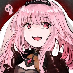 Rule 34 | breasts, cleavage, highres, hololive, hololive english, long hair, looking at viewer, looking to the side, mori calliope, mori calliope (1st costume), pink eyes, pink hair, red background, revanche, shoulder spikes, skull, solo, spikes, tiara, twitter username, veil, virtual youtuber