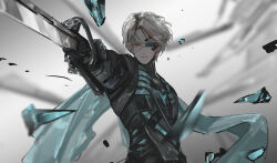 Rule 34 | 1boy, black bodysuit, blue bodysuit, blue cape, blurry, blurry background, bodysuit, cape, chinese commentary, chuantangfeng draft, commentary, debris, eyepatch, grey hair, highres, holding, holding sword, holding weapon, looking at viewer, male focus, one eye covered, parted bangs, pointing, pointing at viewer, pointing sword, pointing weapon, punishing: gray raven, scar, scar across eye, short hair, solo, sword, two-tone bodysuit, upper body, watanabe: epitaph (punishing: gray raven), watanabe (punishing: gray raven), weapon, yellow eyes