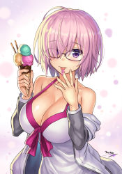 Rule 34 | 1girl, bare shoulders, blush, bow, bow swimsuit, breasts, cleavage, collarbone, dress, dress swimsuit, fate/grand order, fate (series), food, glasses, hair over one eye, highres, ice cream, ice cream cone, large breasts, licking, light particles, light purple hair, looking at viewer, mash kyrielight, mash kyrielight (swimsuit of perpetual summer), npcpepper, official alternate costume, one-piece swimsuit, pink bow, purple eyes, shiny skin, short hair, sleeveless, sleeveless dress, solo, swimsuit, white one-piece swimsuit