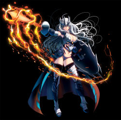 Rule 34 | 1girl, armor, bikini, bikini armor, bikini bottom only, black background, blue eyes, boots, breasts, cleavage, flaming sword, flaming weapon, forehead protector, full body, gauntlets, greaves, grey hair, highres, hip armor, holding, holding weapon, knight, kouno (masao), large breasts, legs apart, long hair, looking away, navel, original, revision, shield, shoulder armor, solo, standing, swimsuit, sword, thighhighs, thighhighs under boots, valkyrie, waist cape, weapon