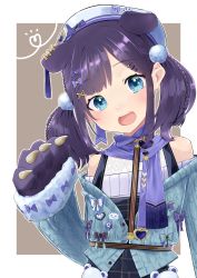 Rule 34 | 1girl, absurdres, aiba uiha, animal hands, bare shoulders, beret, blue bow, blue dress, blue eyes, blue hat, blue jacket, bow, braid, brown background, commentary request, dress, ear piercing, gloves, hair bow, hair ornament, hairclip, hat, head tilt, heart, highres, jacket, kemonomimi mode, long sleeves, looking at viewer, mishima ryo, nijisanji, off-shoulder dress, off shoulder, open mouth, paw gloves, piercing, purple bow, purple gloves, purple hair, sleeves past wrists, solo, teeth, twintails, two-tone background, upper teeth only, virtual youtuber, white background, x hair ornament