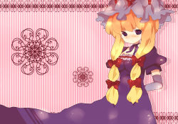 Rule 34 | 1girl, arms behind back, blonde hair, blush, bow, dress, elbow gloves, female focus, gloves, hair bow, hat, looking at viewer, mob cap, multi-tied hair, multiple hair bows, puffy short sleeves, puffy sleeves, purple dress, purple eyes, red bow, short sleeves, sidelocks, simple background, solo, striped, striped background, touhou, vertical stripes, yakumo yukari, yuhiko