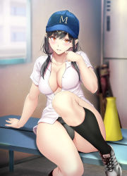 Rule 34 | 1girl, arm support, baseball bat, baseball cap, bench, black hair, black socks, blue hat, blush, breasts, collarbone, collared shirt, come hither, dress shirt, gentsuki, hand up, hat, highres, indoors, knee up, kneehighs, lace, lace panties, large breasts, locker, locker room, long hair, looking at viewer, low twintails, monochrome, open clothes, open shirt, original, panties, parted lips, partially unbuttoned, seductive smile, shirt, shoes, short sleeves, sidelocks, sitting, smile, sneakers, socks, solo, thighs, twintails, underwear, white shirt, window, yellow eyes