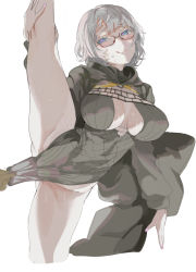Rule 34 | 1girl, black dress, black jacket, blue eyes, breasts, cleavage, cropped jacket, crotch, dress, fate/grand order, fate (series), glasses, grey hair, highres, hood, hooded jacket, jacket, jacques de molay (foreigner) (fate), large breasts, leg lift, leg up, licking lips, long sleeves, looking to the side, open clothes, open jacket, sharekoube, short dress, short hair, smile, solo focus, split, standing, standing on one leg, standing split, thighs, tongue, tongue out