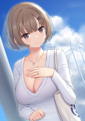 Rule 34 | 1girl, bag, blush, bra, breasts, brown eyes, brown hair, cleavage, closed mouth, collarbone, commentary, day, hair ornament, hairclip, hand on own chest, heart, heart necklace, heijialan, jewelry, large breasts, long sleeves, looking at viewer, mole, necklace, original, pink bra, ring, short hair, shoulder bag, smile, solo, sweater, symbol-only commentary, underwear, upper body, wind turbine, windmill