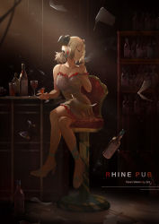Rule 34 | 1girl, absurdres, aged up, alcohol, ankle ribbon, arknights, artist name, bar (place), bar stool, bare shoulders, blonde hair, blue ribbon, bottle, breasts, chair, cigarette, cocktail glass, commentary request, crossed legs, cup, dress, drinking glass, dust, english text, closed eyes, high heels, highres, holding, holding cigarette, holding cup, horns, ifrit (arknights), indoors, leg ribbon, light particles, light rays, liquor, looking away, medium breasts, paper, ribbon, short hair, sitting, smoking, solo, stool, sunbeam, sunlight, white dress, white legwear, wine bottle, zzz (orchid-dale)