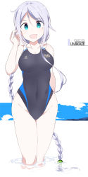 Rule 34 | 1girl, alternate costume, blue eyes, braid, breasts, character name, commentary request, commission, competition swimsuit, covered navel, cowboy shot, groin, hair tie, kantai collection, large breasts, long hair, looking at viewer, mole, mole under eye, one-piece swimsuit, open mouth, parted bangs, shigino sohuzi, silver hair, simple background, single braid, skeb commission, solo, swimsuit, umikaze (kancolle), very long hair, wading, water, white background