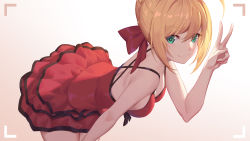 Rule 34 | 10s, 1girl, blonde hair, bow, braid, breasts, closed mouth, commentary request, fate/extra, fate (series), female focus, from side, gradient background, green eyes, hair bow, highres, leaning forward, legs together, looking at viewer, medium breasts, nero claudius (fate), nero claudius (fate) (all), nero claudius (fate/extra), nian (zhanian), official alternate costume, red bow, red eyes, sidelocks, smile, solo, standing, v, viewfinder