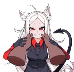 Rule 34 | 1girl, ahoge, animal ears, arm grab, bad id, bad pixiv id, black gloves, black neckwear, breasts, cerberus (helltaker), ch (hkplus1207), commentary request, dark-skinned male, dark skin, demon girl, demon tail, dog ears, fangs, gloves, helltaker, large breasts, long hair, looking at viewer, necktie, parted bangs, pov, pov hands, red eyes, red shirt, shirt, simple background, solo focus, tail, tearing up, waistcoat, white background, white hair