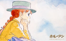 Rule 34 | 1girl, anne of green gables, anne shirley, blue eyes, braid, cloud, freckles, hair ribbon, hat, long hair, nippon animation, official art, official wallpaper, painting (medium), profile, red hair, ribbon, sitting, solo, traditional media, wallpaper, watercolor (medium), world masterpiece theater