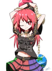 Rule 34 | 1girl, alternate hairstyle, arms up, bare shoulders, belt, black belt, black choker, black headwear, black shirt, breasts, chain, choker, clothes writing, earth (ornament), generalcanon, gold chain, green skirt, hair between eyes, hands up, heart, heart print, hecatia lapislazuli, highres, long hair, looking at viewer, medium breasts, moon (ornament), multicolored clothes, multicolored skirt, off shoulder, one eye closed, plaid, plaid skirt, purple skirt, red eyes, red hair, red headwear, red skirt, shirt, short sleeves, signature, simple background, skirt, smile, solo, standing, t-shirt, touhou, white background, wristband