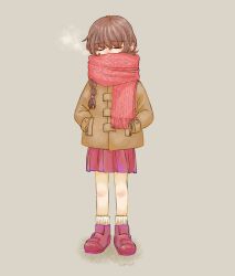 Rule 34 | 1girl, alternate costume, blush, boots, braid, breath, brown coat, brown hair, closed eyes, coat, cold, commentary request, covered mouth, ear blush, facing viewer, full body, hands in pockets, highres, light brown background, long sleeves, madotsuki, niwasakino daei, pleated skirt, red footwear, red scarf, red skirt, scarf, simple background, skirt, socks, solo, standing, straight-on, white socks, yume nikki