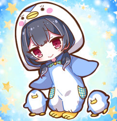 Rule 34 | 1girl, animal, animal costume, animal hood, bird, black hair, blush, chibi, closed mouth, commentary request, copyright request, full body, highres, hood, hood up, jako (jakoo21), long hair, low twintails, penguin, penguin costume, penguin hood, plaid, red eyes, smile, solo, standing, star (symbol), twintails
