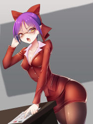 Rule 34 | 1girl, alternate costume, bad id, bad pixiv id, black pantyhose, blouse, blush, bow, breasts, business suit, cat girl, cleavage, fang, formal, gegege no kitarou, glasses, hand in own hair, miniskirt, nekomusume, pantyhose, pencil skirt, pointy ears, purple hair, red suit, ribbon, shirt, skirt, skirt suit, solo, suit, thighs, v-shaped eyebrows, white shirt, z.o.b