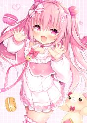 Rule 34 | 1girl, :3, :d, blush, bow, claw pose, commentary request, dress, fang, food, frilled dress, frills, grid background, hair bow, hair ornament, heart, himekuma ribon, huei nazuki, long hair, long sleeves, looking at viewer, macaron, open mouth, pink eyes, pink hair, re:act, short dress, skin fang, smile, stuffed animal, stuffed toy, teddy bear, two side up, virtual youtuber, x hair ornament