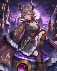 Rule 34 | 1girl, black dress, black hair, black thighhighs, breasts, brown cape, brown thighhighs, cape, cleavage, cloud, commentary request, curled horns, dress, feet out of frame, full moon, highres, horns, knee up, large breasts, looking at viewer, lunacle, moon, night, night sky, original, outdoors, parted lips, pointy ears, purple eyes, sitting, sky, solo, thighhighs, tiara, tower
