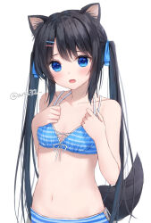 Rule 34 | 1girl, animal ear fluff, animal ears, anz32, bare arms, bare shoulders, bikini, black hair, blue bikini, blue bow, blue eyes, bow, breasts, collarbone, commentary request, dog ears, dog girl, dog tail, hair bow, hair ornament, hairclip, hands up, long hair, looking at viewer, navel, open mouth, original, simple background, small breasts, solo, striped bikini, striped clothes, swimsuit, tail, twintails, twitter username, very long hair, white background