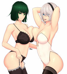 Rule 34 | 2girls, arms behind head, artist name, asymmetrical docking, blue eyes, bodysuit, boots, breast press, breasts, crossover, eyes visible through hair, fubuki (one-punch man), green eyes, green hair, headband, highres, large breasts, lingerie, multiple girls, nier (series), nier:automata, one-punch man, ryu seung, shirt, short hair, thigh boots, thigh strap, thighhighs, underwear, white shirt, 2b (nier:automata)