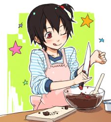 Rule 34 | 1girl, ;q, apron, black hair, blood, chocolate, cooking, cutting, duplicate, hair bobbles, hair ornament, jiyu2, knife, one eye closed, original, red eyes, self-harm, side ponytail, sleeves pushed up, solo, star (symbol), striped, tongue, tongue out, valentine, what, wink, wrist cutting