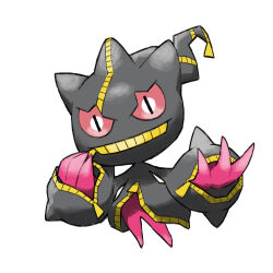 banette blacknirrow closed_mouth creatures_(company) full_body game_freak gen_3_pokemon mega_banette mega_pokemon nintendo no_humans pokemon pokemon_(creature) red_eyes simple_background solo white_background zipper