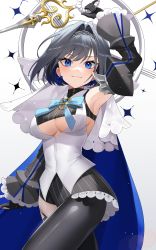 Rule 34 | 1girl, absurdres, arm up, armpits, asymmetrical legwear, black gloves, black hair, black pantyhose, black skirt, black thighhighs, blue bow, blue cape, blue eyes, blue gemstone, blue hair, blush, bow, bow earrings, breasts, cape, chain, chain headband, cleavage, cleavage cutout, closed mouth, clothing cutout, colored inner hair, commentary, cowboy shot, crop top, ddungddang, detached sleeves, dual wielding, earrings, gem, gloves, gradient background, grey background, hair intakes, head chain, headpiece, heart-shaped gem, highres, holding, holding sword, holding weapon, hololive, hololive english, jewelry, looking at viewer, medium breasts, miniskirt, multicolored hair, ouro kronii, pantyhose, shirt, short hair, simple background, single leg pantyhose, single thighhigh, skirt, smile, solo, standing, striped clothes, striped skirt, sword, thighhighs, underboob, veil, vertical-striped clothes, vertical-striped skirt, virtual youtuber, weapon, white background, white shirt, zipper, zipper pull tab