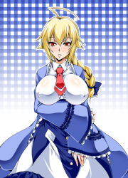 Rule 34 | 1girl, ahoge, blazblue, blonde hair, blush, body blush, bow, braid, breasts, breasts apart, buttons, covered erect nipples, dress, es (xblaze), flipped hair, frilled dress, frills, gradient background, hair between eyes, hair bow, hand on thigh, holding own arm, impossible clothes, impossible dress, kanten, large breasts, lolita fashion, long hair, looking at viewer, necktie, orange eyes, outline, parted lips, plaid, plaid background, red eyes, see-through, single braid, sleeves past wrists, solo, wide hips, wide sleeves, wing collar, xblaze, xblaze code: embryo
