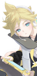 Rule 34 | 1boy, black sailor collar, black shorts, black sleeves, blonde hair, blue eyes, collarbone, commentary request, cowboy shot, detached sleeves, expressionless, handheld game console, head tilt, headpiece, highres, holding, holding handheld game console, kagamine len, leaning on object, lips, long sleeves, looking at viewer, male focus, messy hair, nail polish, naoko (naonocoto), neckerchief, nintendo switch, parted lips, playing games, ribbon-trimmed shorts, ribbon trim, sailor collar, sailor shirt, shirt, short hair, shorts, simple background, solo, table, vocaloid, white background, white headphones, white shirt, yellow nails, yellow neckerchief, zipper pull tab