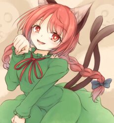 Rule 34 | 1girl, bent over, black bow, bow, braid, bright pupils, cat tail, commentary, commentary request, dress, fang, green dress, hair bow, hair ribbon, hand up, kaenbyou rin, light blush, long hair, long sleeves, looking at viewer, multiple tails, neko mata, nekomata, open mouth, parted lips, partial commentary, paw pose, red eyes, red hair, ribbon, smile, solo, tail, tail raised, touhou, tress ribbon, twin braids, two tails, very long hair