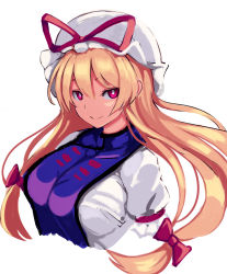 Rule 34 | 1girl, blonde hair, bow, breasts, bright pupils, commentary request, cropped torso, dress, hair between eyes, hair bow, hat, hat ribbon, large breasts, long hair, long sleeves, looking at viewer, mob cap, opanchu (hakusen), red bow, red eyes, red ribbon, ribbon, simple background, smile, solo, tabard, touhou, upper body, white background, white dress, white hat, yakumo yukari