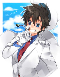 Rule 34 | 1boy, bad id, bad pixiv id, black hair, blue eyes, blue shirt, blue sky, brown hair, cape, cloud, day, formal, gloves, grin, happy, hat, kaitou kid, kuroba kaito, looking at viewer, male focus, meitantei conan, monocle, monocle chain, necktie, red necktie, shirt, sky, smile, solo, suit, top hat, toujou sakana, white gloves, white suit
