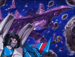 Rule 34 | 2023, artist name, asteroid, flying, frown, guido guidi, looking ahead, mecha, nemesis (transformers), no humans, open hands, red eyes, robot, science fiction, skywarp, space, spacecraft, star (sky), starfighter, thundercracker, transformers, vehicle focus