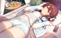 Rule 34 | 1girl, ;o, absurdres, bed, blush, bow, breasts, brown eyes, brown hair, cellphone, clothes writing, commentary request, cup, food, hair between eyes, hair bow, hair bun, hands up, highres, idolmaster, idolmaster shiny colors, jacket, kurageso, long hair, long sleeves, looking at viewer, loungewear, lying, mug, navel, on back, on bed, one eye closed, open clothes, open jacket, osaki tenka, parted lips, phone, pillow, sandwich, shirt, short shorts, shorts, single hair bun, sleeves past wrists, small breasts, solo, striped clothes, striped jacket, striped shorts, white bow, white shirt