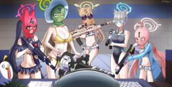 Rule 34 | 1boy, 5girls, :d, ;3, ;d, ^ ^, ahoge, aiming, android (blue archive), assault rifle, balaclava, beretta 1301, beretta ar70/90, bikini, black hair, black one-piece swimsuit, blue archive, blue jacket, blurry, bow, breasts, brown hair, bullpup, cleavage, closed eyes, commentary request, competition school swimsuit, depth of field, extra ears, frilled bikini, frills, gatling gun, grey hair, gun, hair between eyes, hair bobbles, hair bow, hair ornament, hair ribbon, halo, hat, hifumi (blue archive), hifumi (swimsuit) (blue archive), highres, holding, holding gun, holding weapon, hoshino (blue archive), hoshino (swimsuit) (blue archive), indoors, jacket, jetihyeon, l85, large breasts, long hair, looking at viewer, m134 minigun, medium hair, multiple girls, navel, nonomi (blue archive), nonomi (swimsuit) (blue archive), numbered, official alternate costume, one-piece swimsuit, one eye closed, open clothes, open jacket, open mouth, peroro (blue archive), pink hair, red eyes, ribbon, rifle, robbery, school swimsuit, serika (blue archive), serika (swimsuit) (blue archive), shiroko (blue archive), shiroko (swimsuit) (blue archive), side-tie bikini bottom, sidelocks, sig sauer 556, sleeveless, smile, stomach, sun hat, sunglasses, swimsuit, trigger discipline, two-tone swimsuit, weapon, white bikini, yellow bikini