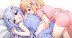 2girls blue_hair blue_pajamas breast_sucking breast_sucking_through_clothes commission comodox fingering flat_chest flower gochuumon_wa_usagi_desu_ka? hair_flower hair_ornament highres hoto_cocoa kafuu_chino kodomo_doushi loli looking_at_another looking_at_viewer multiple_girls open_mouth orange_hair pajamas pink_flower pink_pajamas x_hair_ornament yuri