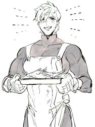 Rule 34 | 1boy, apron, baking sheet, bodysuit, fate/grand order, fate (series), fish, greyscale, hair over one eye, highres, looking at viewer, male focus, monochrome, muscular, muscular male, open mouth, oven mitts, percival (fate), qmiqun, simple background, smile, solo, white background