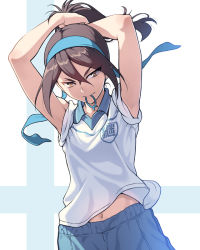 Rule 34 | &gt;:), 10s, 1girl, adjusting hair, alternate hairstyle, armpits, arms up, blue hairband, blue shorts, brown eyes, brown hair, closed mouth, emblem, finnish flag, flag background, girls und panzer, gym uniform, hair between eyes, hair tie, hairband, long hair, mika (girls und panzer), mouth hold, navel, pairan, ponytail, shirt, short sleeves, shorts, sidelocks, sleeves rolled up, solo, tsurime, two-tone background, tying hair, upper body, v-shaped eyebrows, white shirt, wing collar