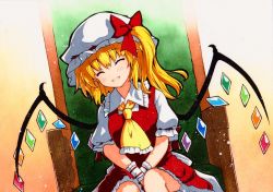 Rule 34 | 1girl, :d, ^ ^, ascot, bad id, bad twitter id, bow, chair, closed eyes, crystal, flandre scarlet, gradient background, hat, mob cap, one side up, open mouth, orange background, puffy short sleeves, puffy sleeves, qqqrinkappp, rainbow order, red bow, red skirt, red vest, shirt, short hair, short sleeves, sitting, skirt, smile, solo, touhou, traditional media, upper body, v arms, vest, white hat, white shirt, wings, wrist cuffs, yellow ascot